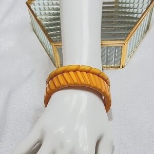 Bakelite Butterscotch Molded Carved Vintage Bangle Bracelet Set of Two